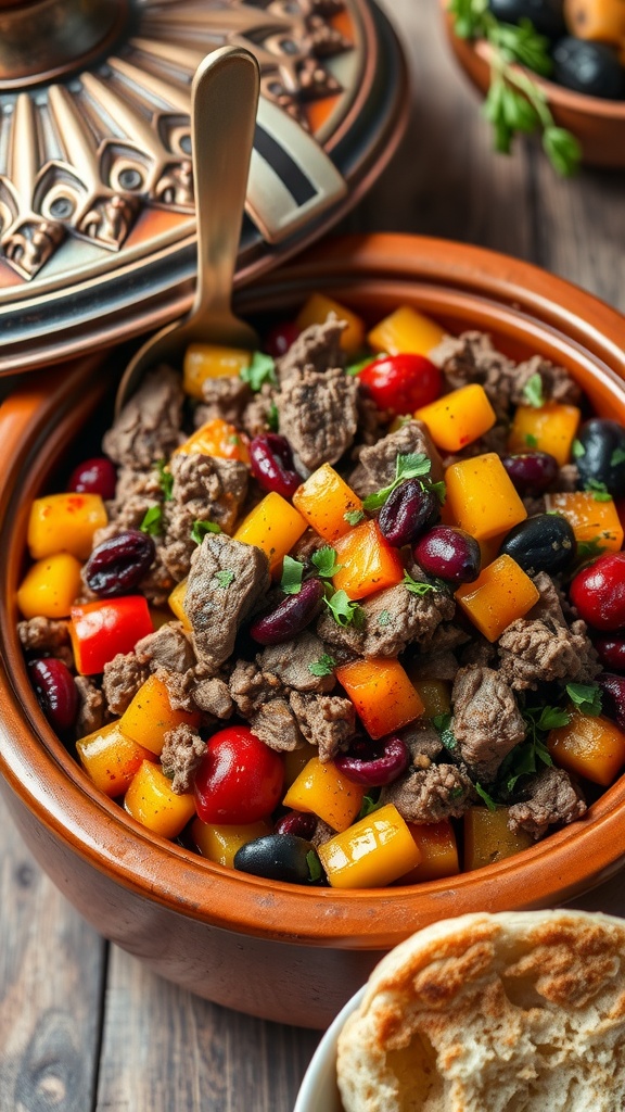 A colorful bowl of chopped beef tagine with vegetables and dried fruits, garnished with herbs, served with Moroccan bread.